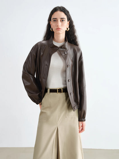 Black Stand Collar Leather Jacket