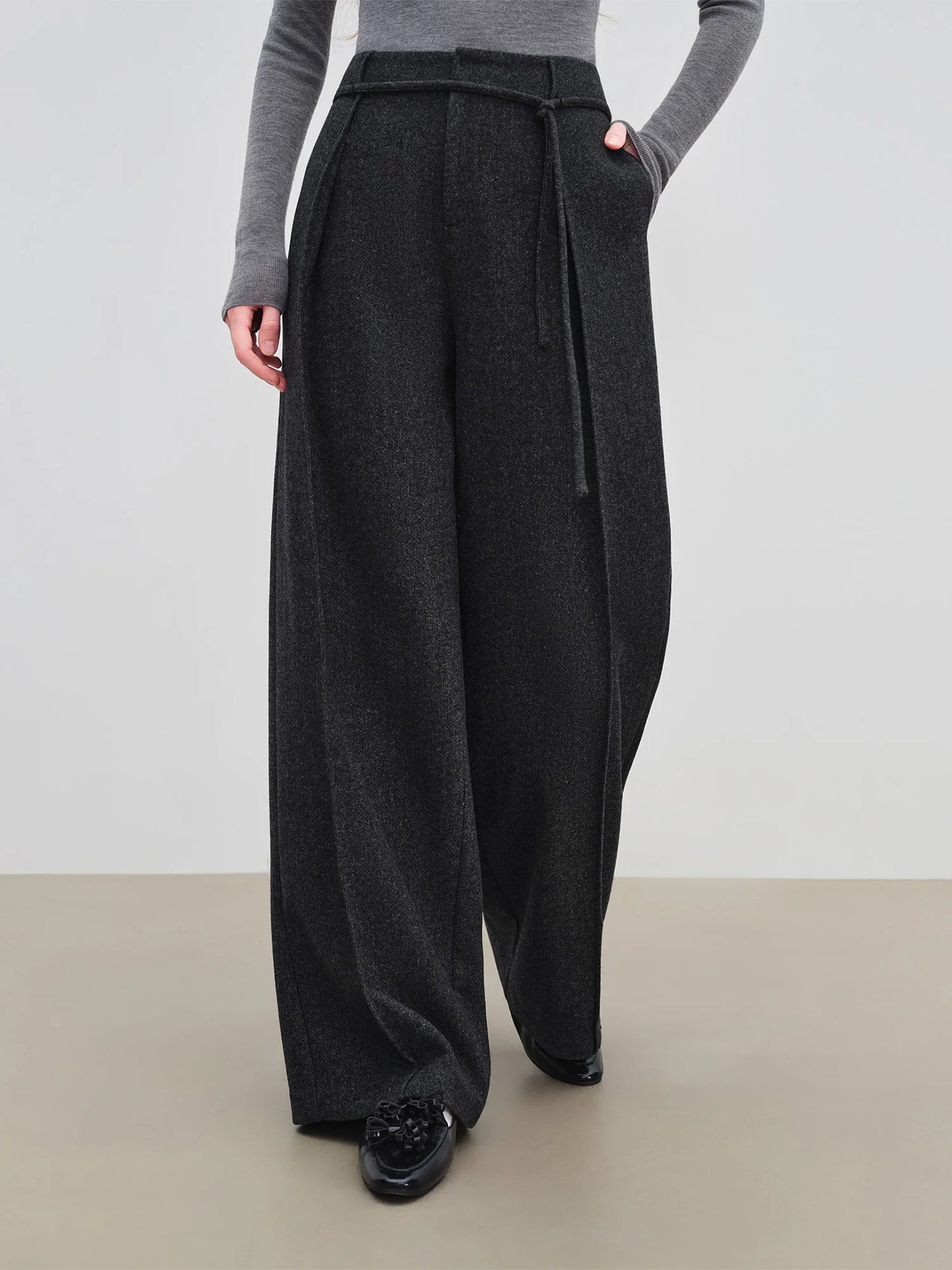 Charcoal Wool Drawstring Wide Pants