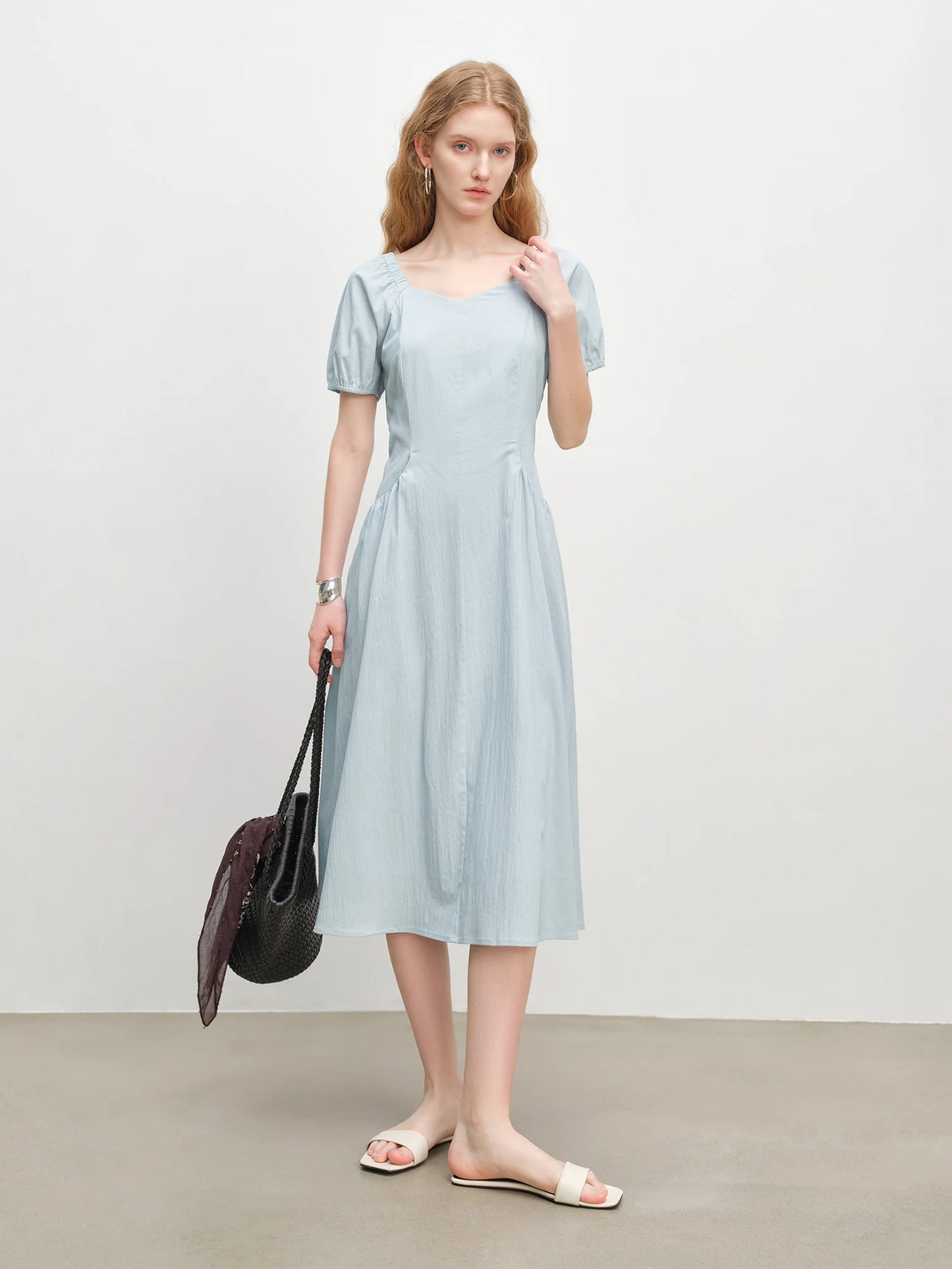 Blue Puff Sleeve Midi Dress