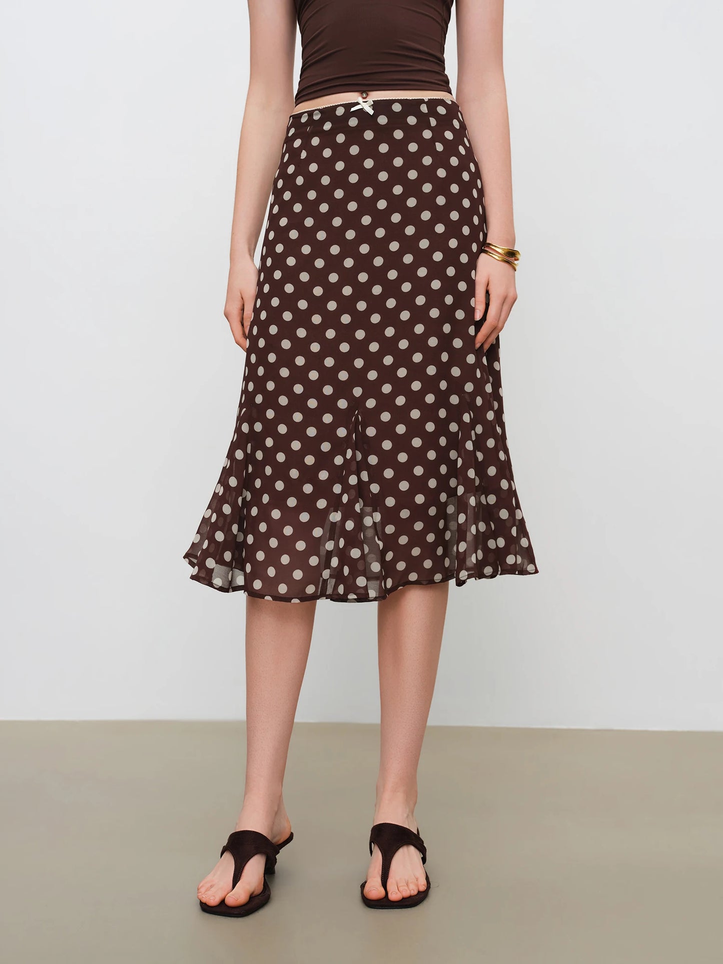 Brown Dot Chiffon Fishtail Skirt