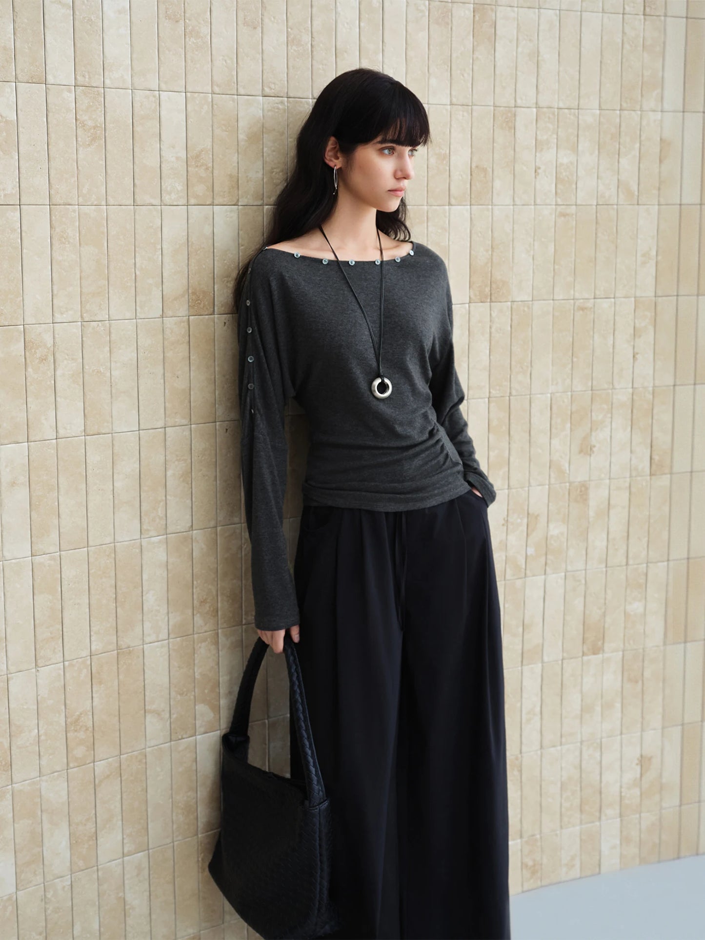 Charcoal Button Boat Neck Top