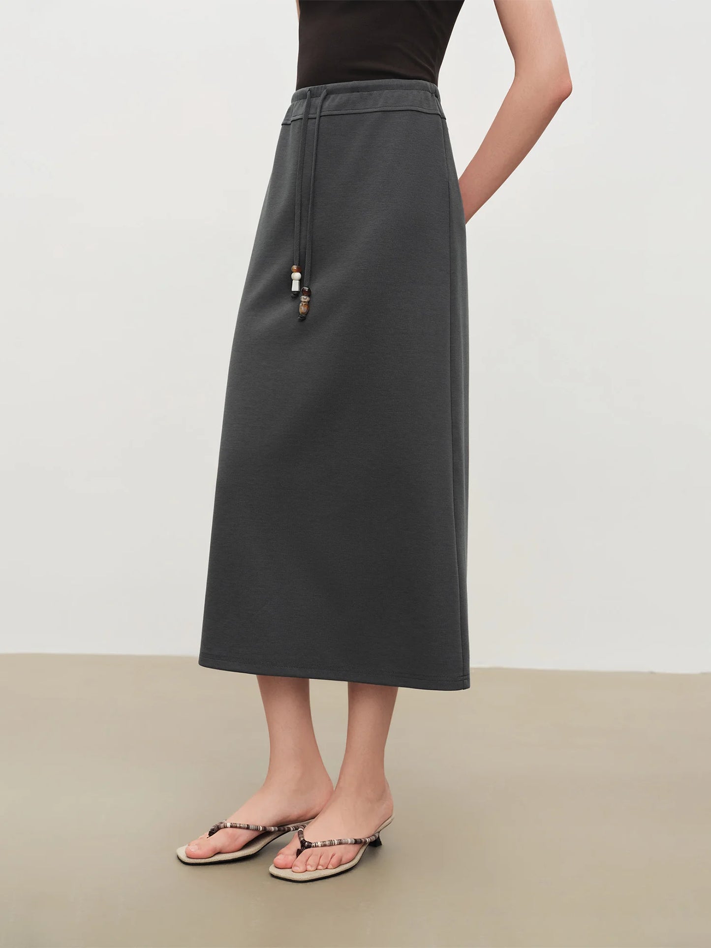 Grey Beaded Drawstring Midi Skirt