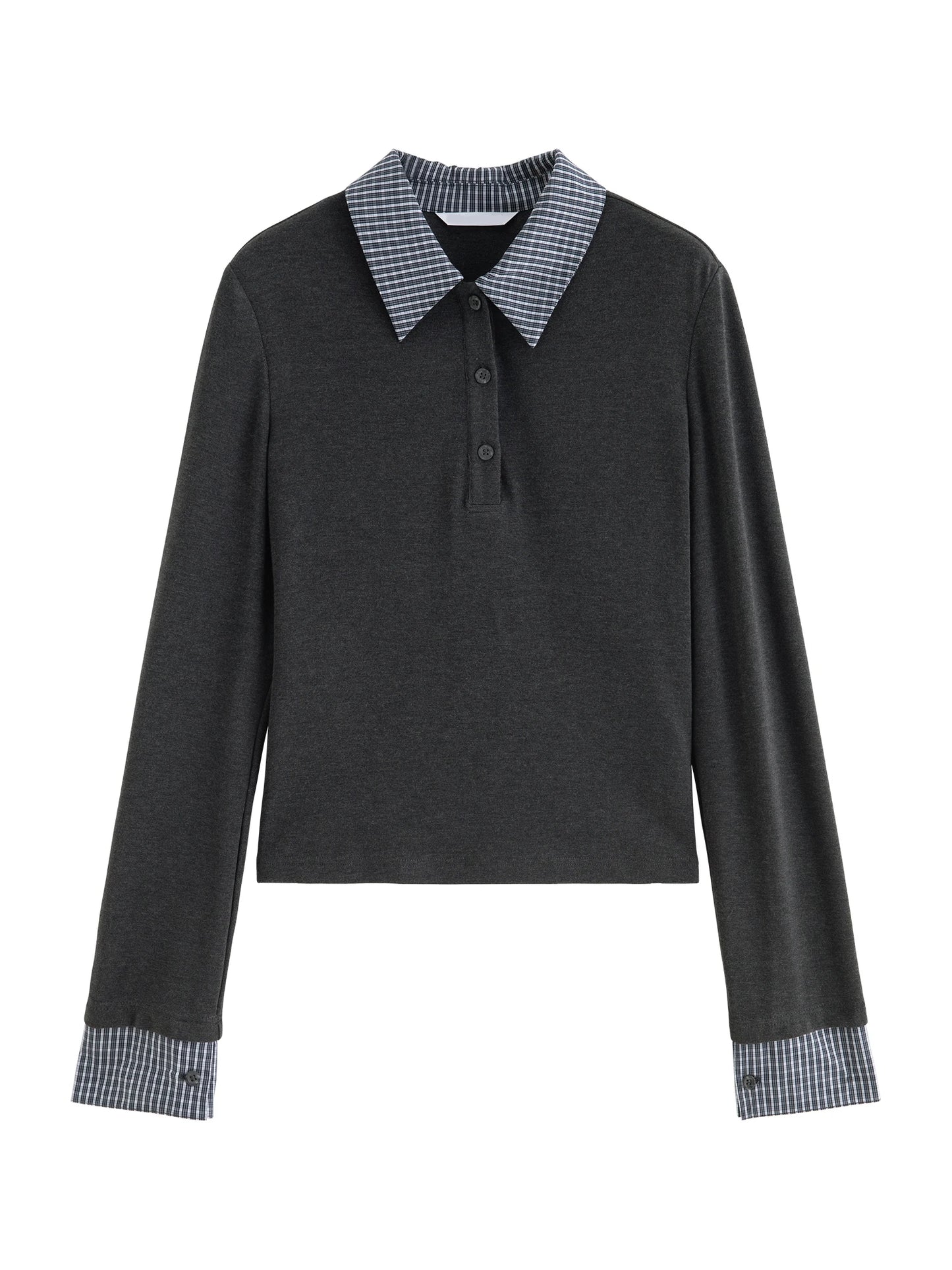 Charcoal Plaid Collar Long Sleeve Top