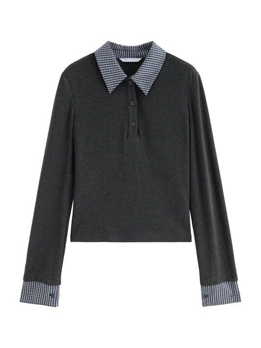 Charcoal Plaid Collar Long Sleeve Top
