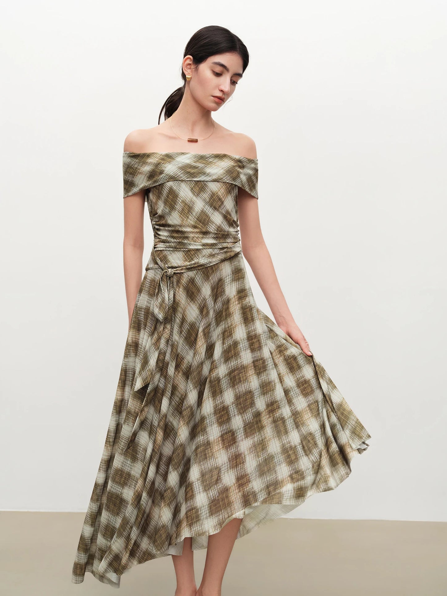Plaid One Shoulder Midi Dress