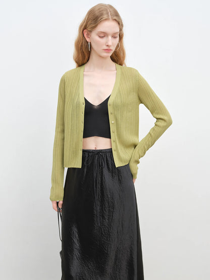 Olive Ribbed V-Neck Knit Cardigan