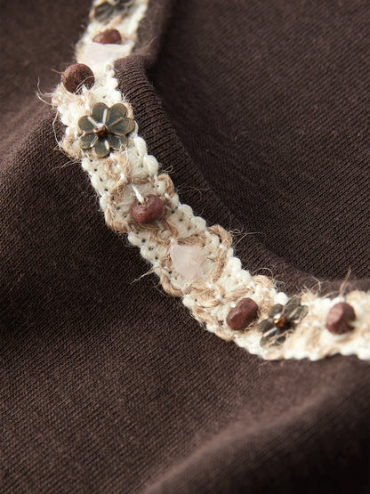 Beige Beaded Neckline Tee