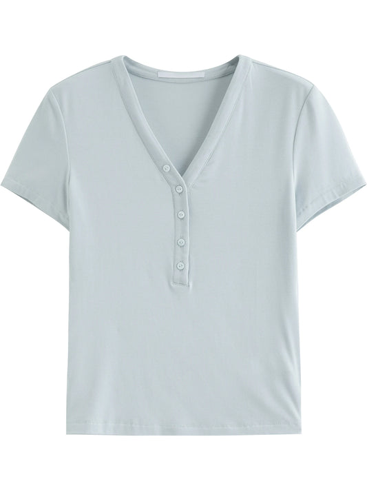 Pale Blue Button V-Neck Tee