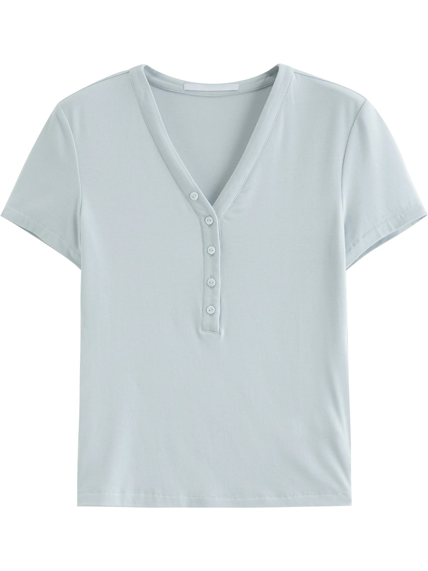 Pale Blue Button V-Neck Tee