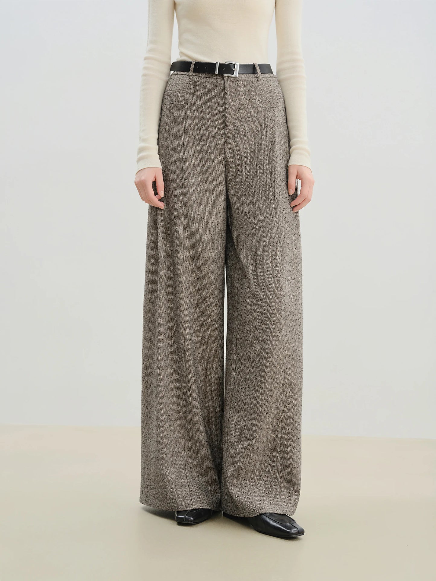 Herringbone Pleated Wide Leg Trousers
