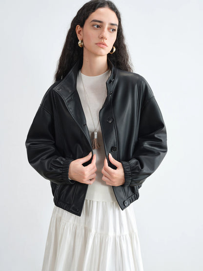 Black Stand Collar Leather Jacket