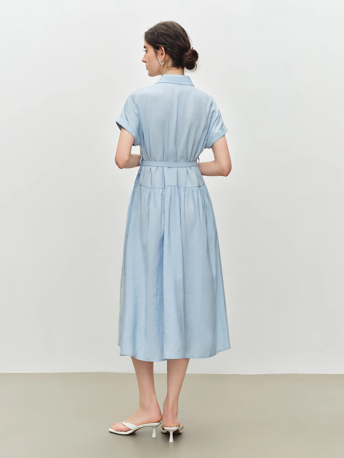 Blue Belted Shirt Midi Dress