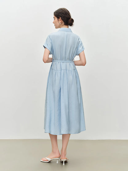 Blue Belted Shirt Midi Dress