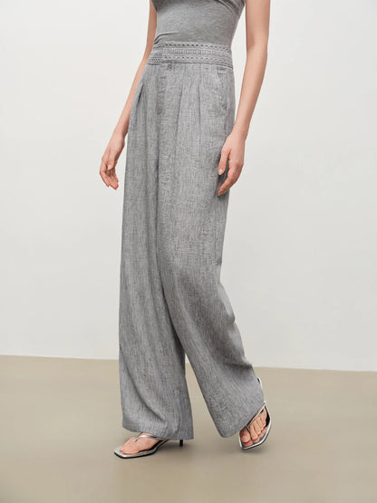Beige Lace Waist Wide Leg Pants
