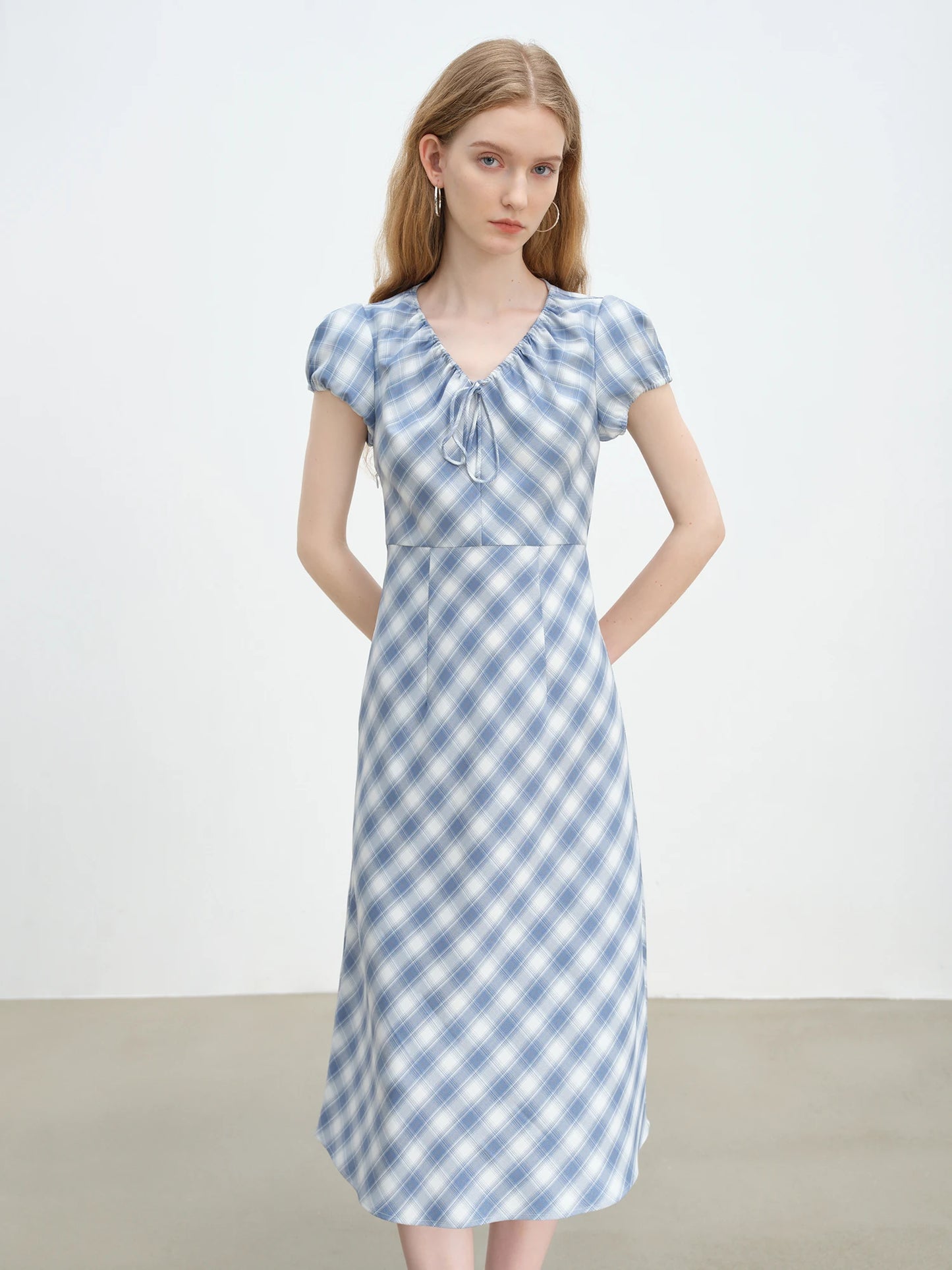 Blue Gingham Tie Collar Dress