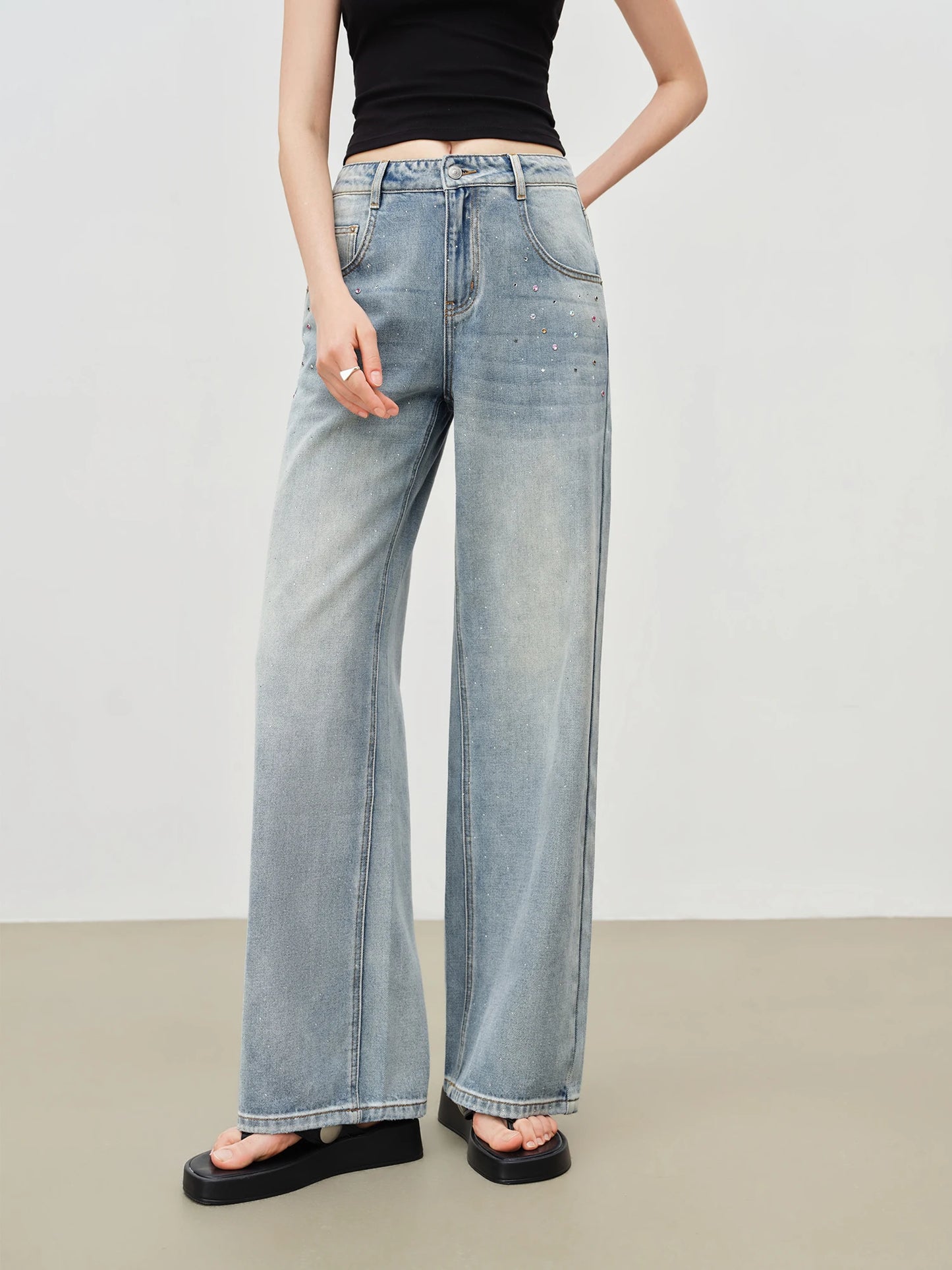 Light Blue Rhinestone Wide Jeans