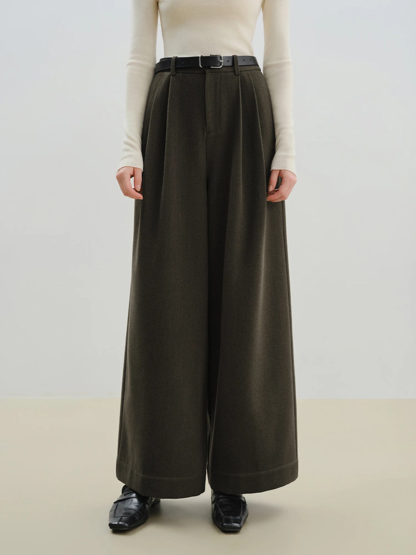 Olive Herringbone Pleated Wide Pants
