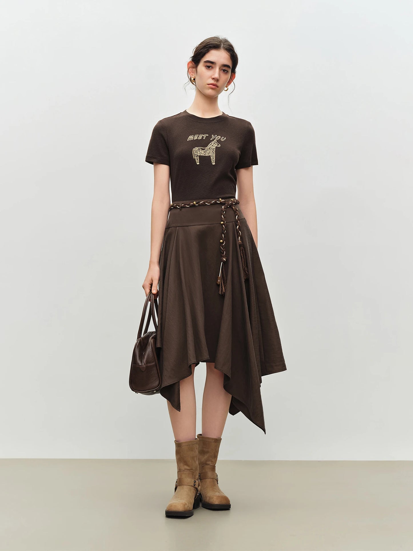 Brown Embroidered Horse Graphic Tee