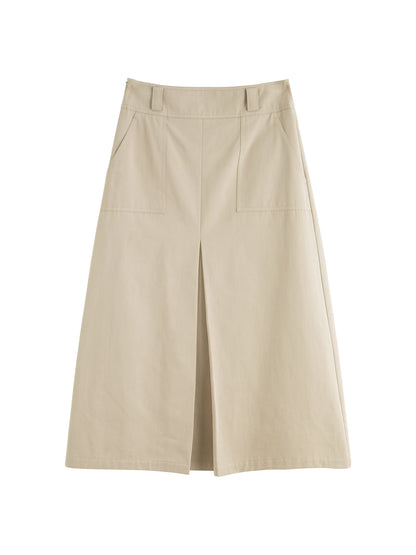 Beige Pocket A-Line Midi Skirt