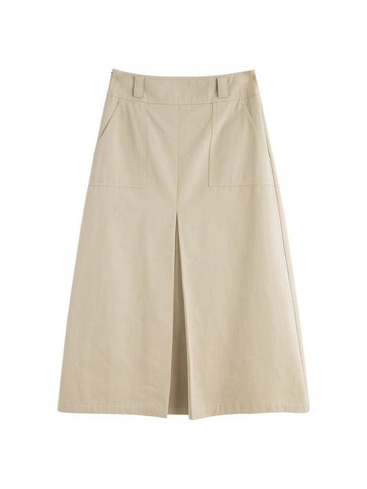 Beige Pocket A-Line Midi Skirt