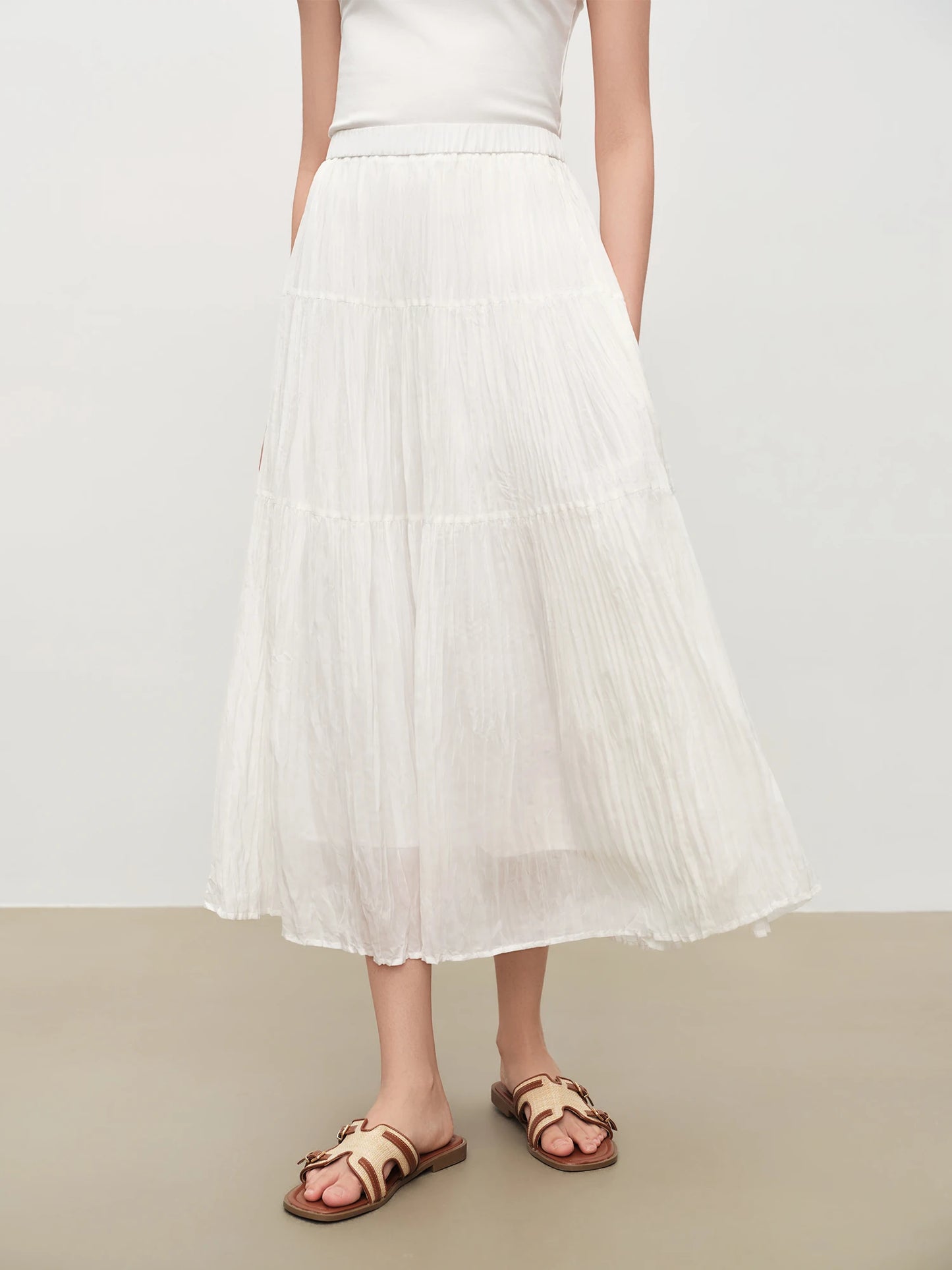 White Crinkled Tiered Maxi Skirt