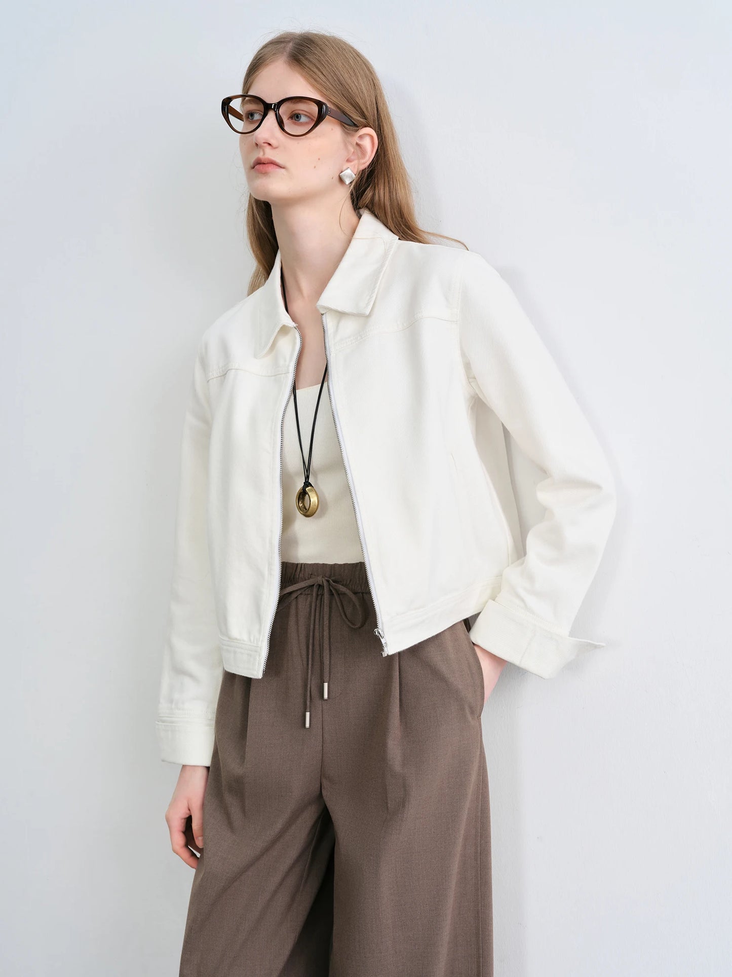 White Zip Front Denim Jacket