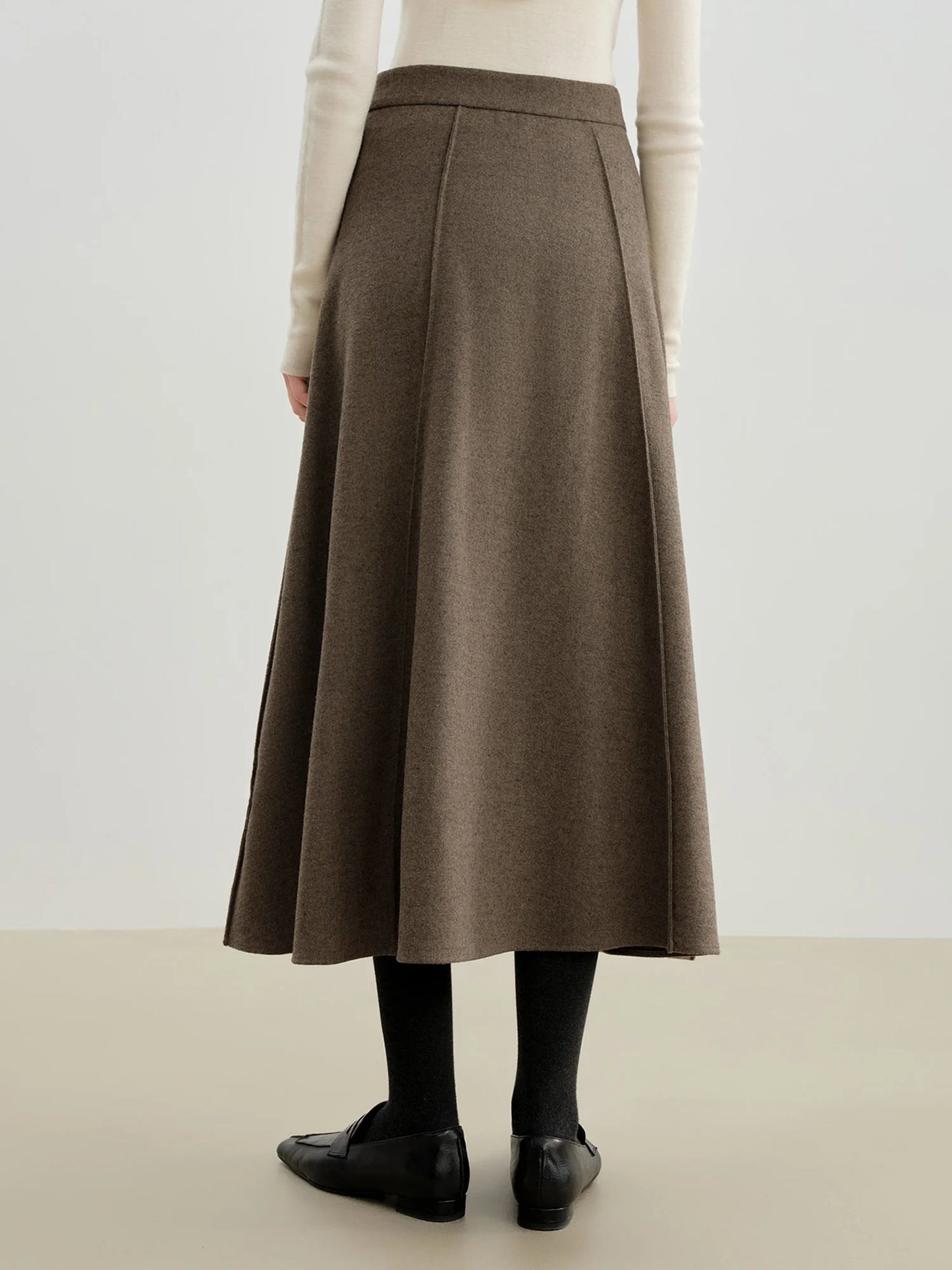 Taupe Wool Pleated Flared Midi Skirt