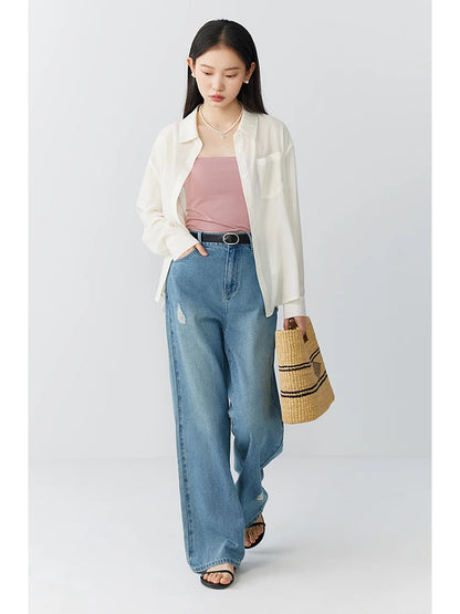 Blue Ripped Wide Leg Jeans