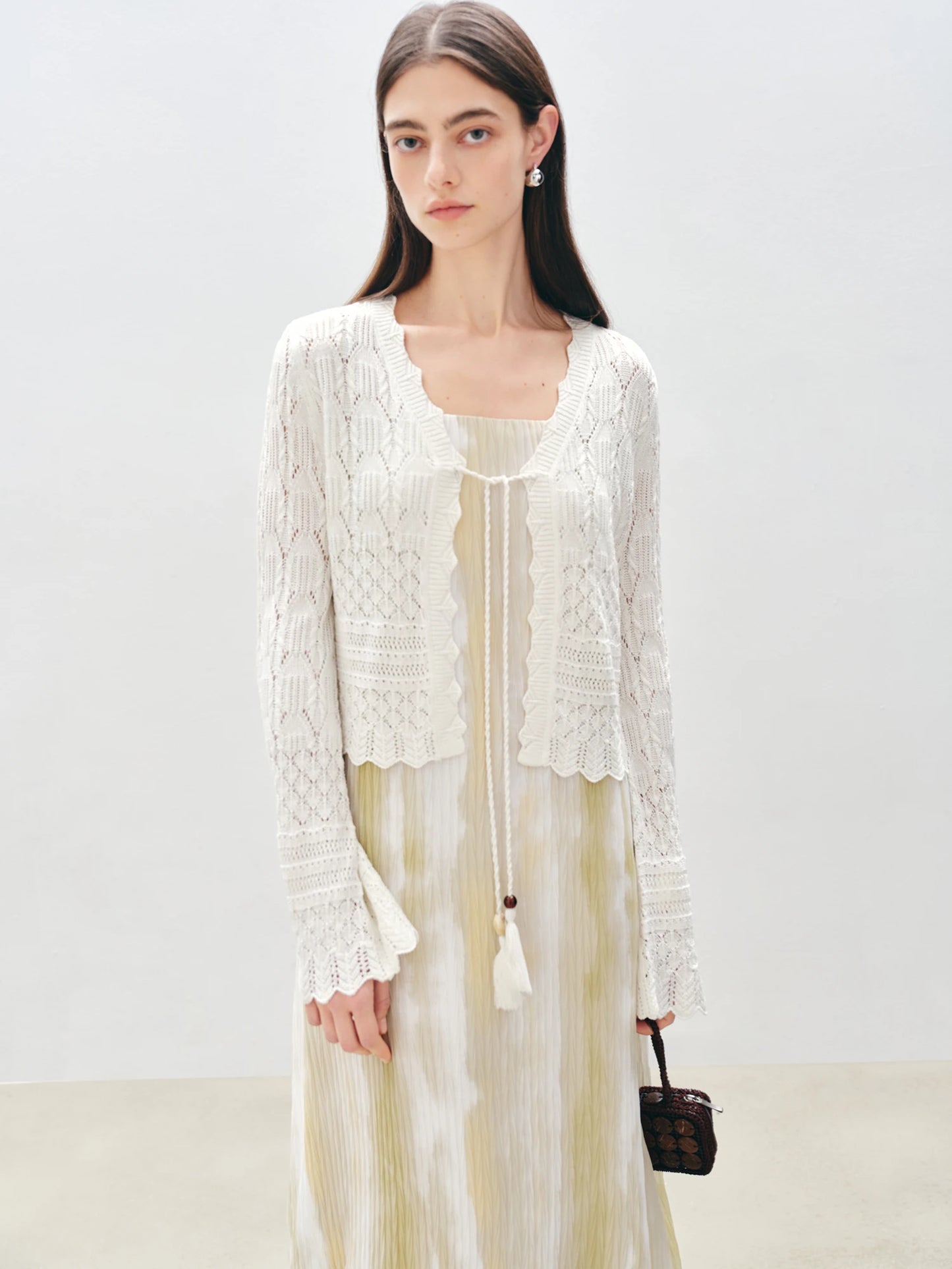 Ivory Pointelle Tie Front Cardigan