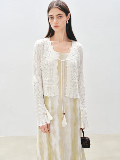 Ivory Pointelle Tie Front Cardigan