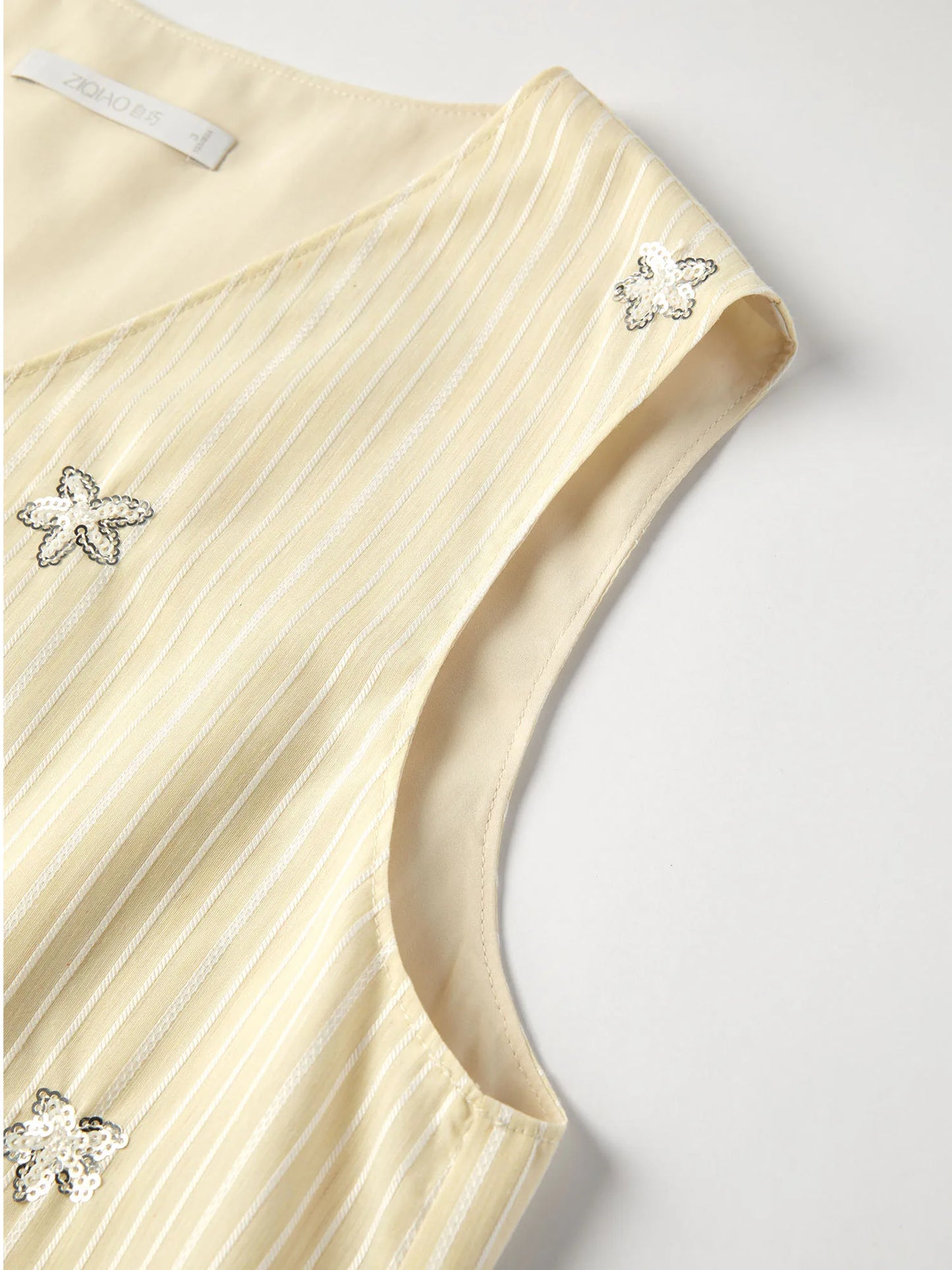 Ivory Beaded Striped Sleeveless Vest