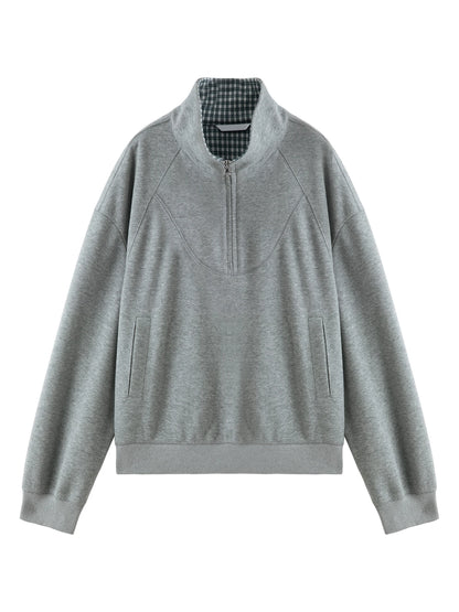 Ivory Plaid Collar Zip Sweatshirt