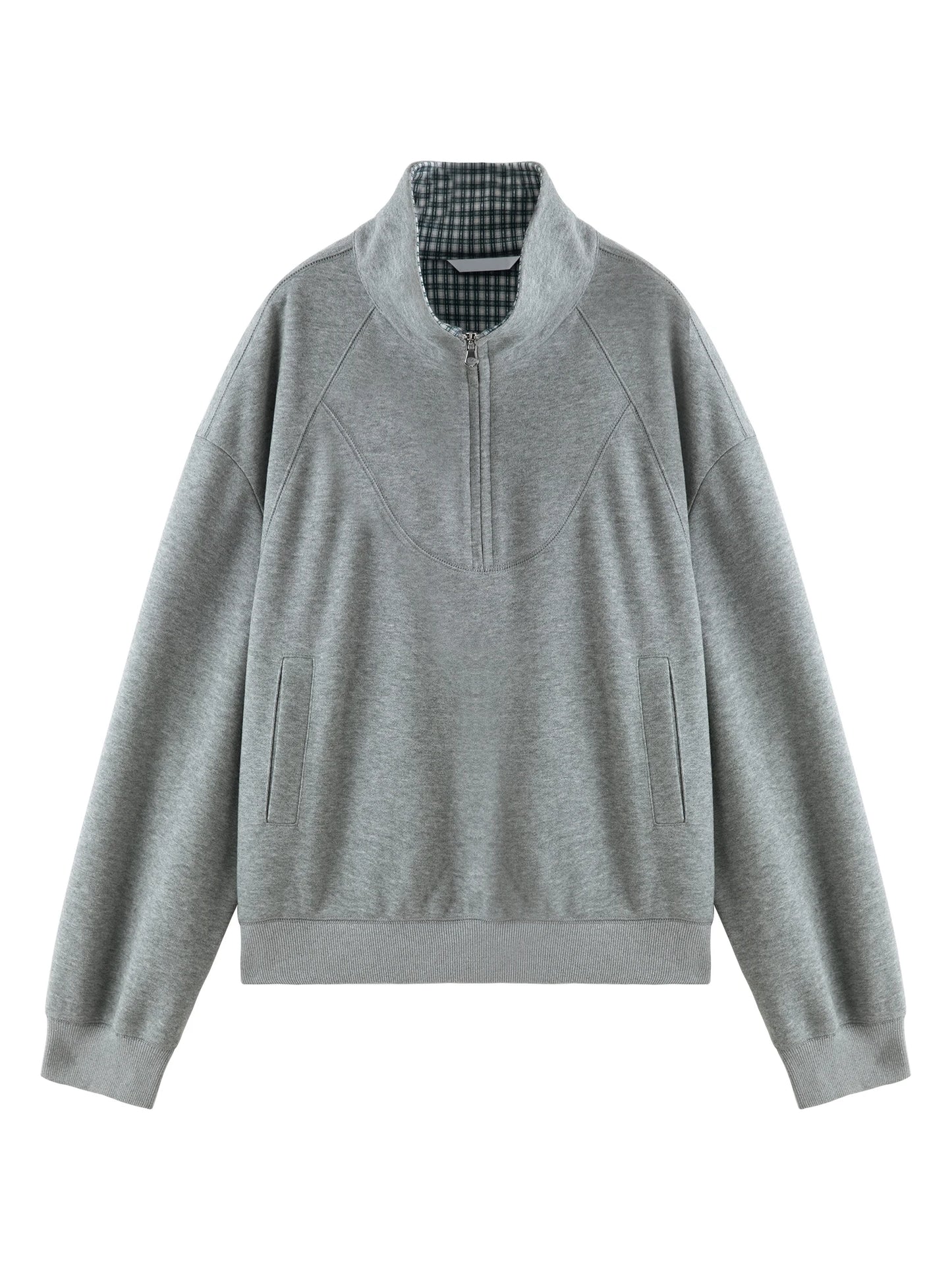 Ivory Plaid Collar Zip Sweatshirt