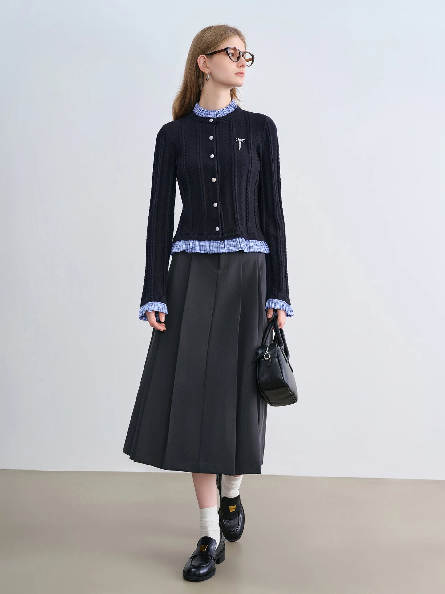 Navy Plaid Collar Knit Cardigan