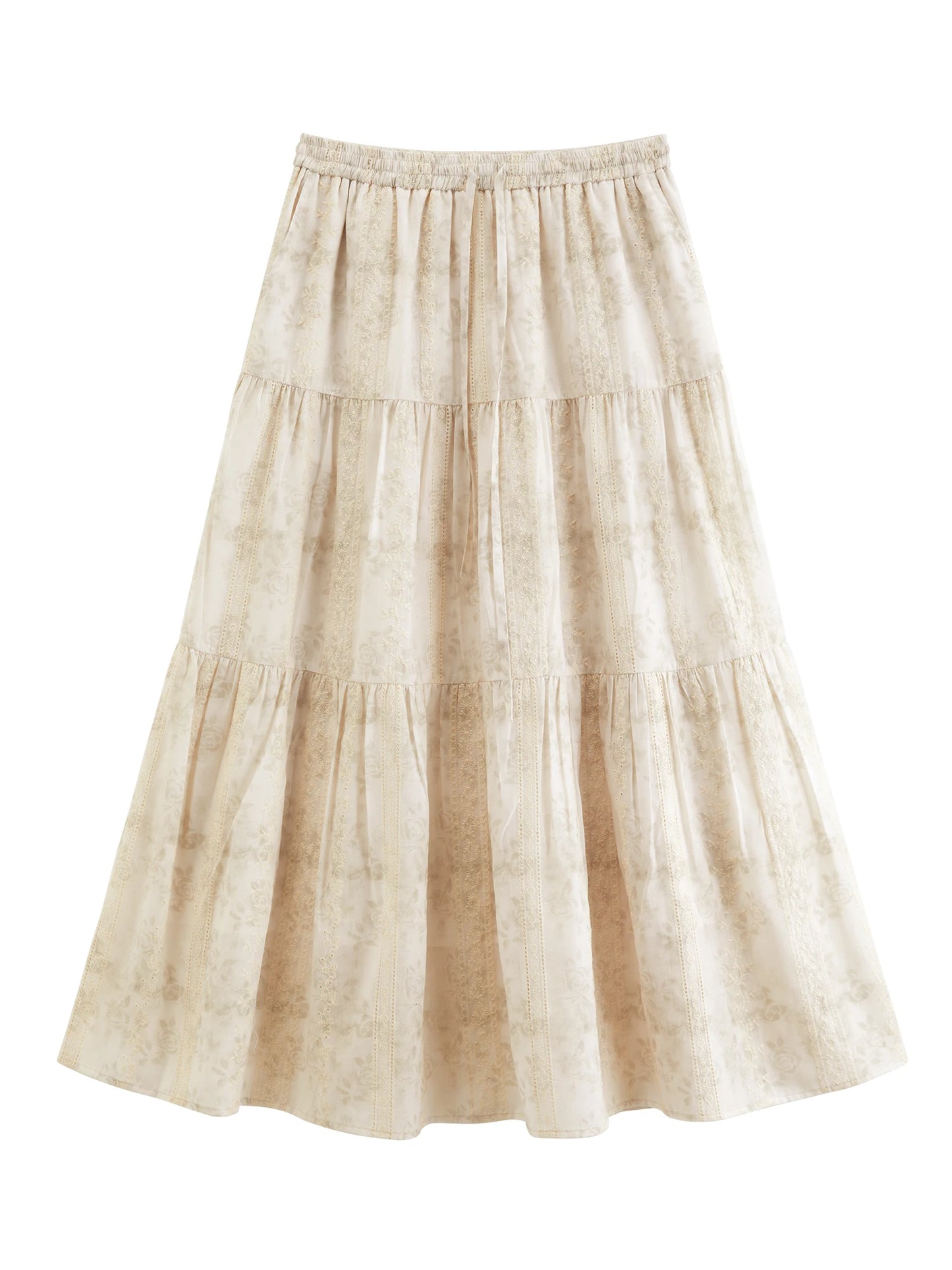 Cream Embroidered Tiered Midi Skirt