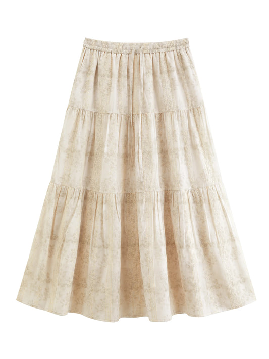 Cream Embroidered Tiered Midi Skirt