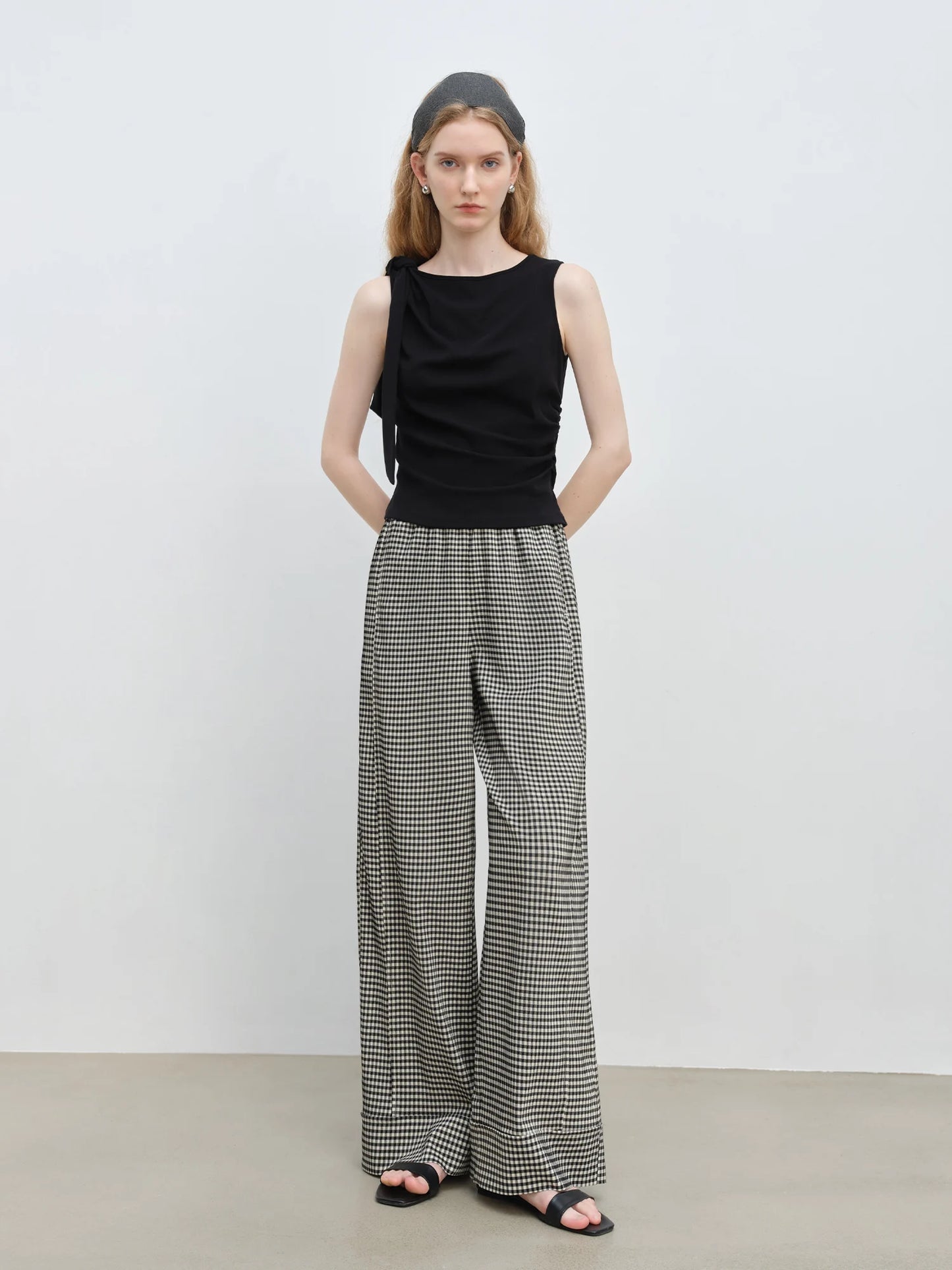 Gingham Elastic Wide Leg Pants