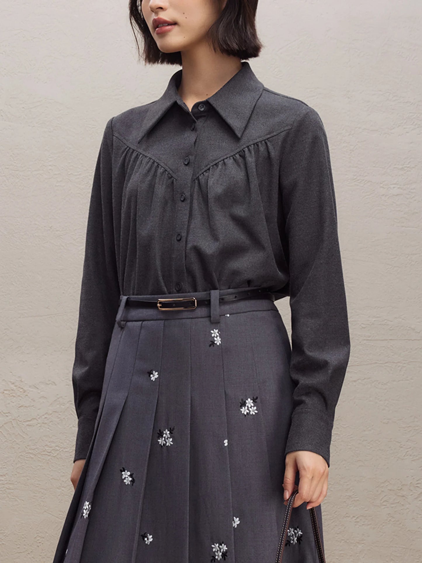 Black Pleated Lapel Shirt