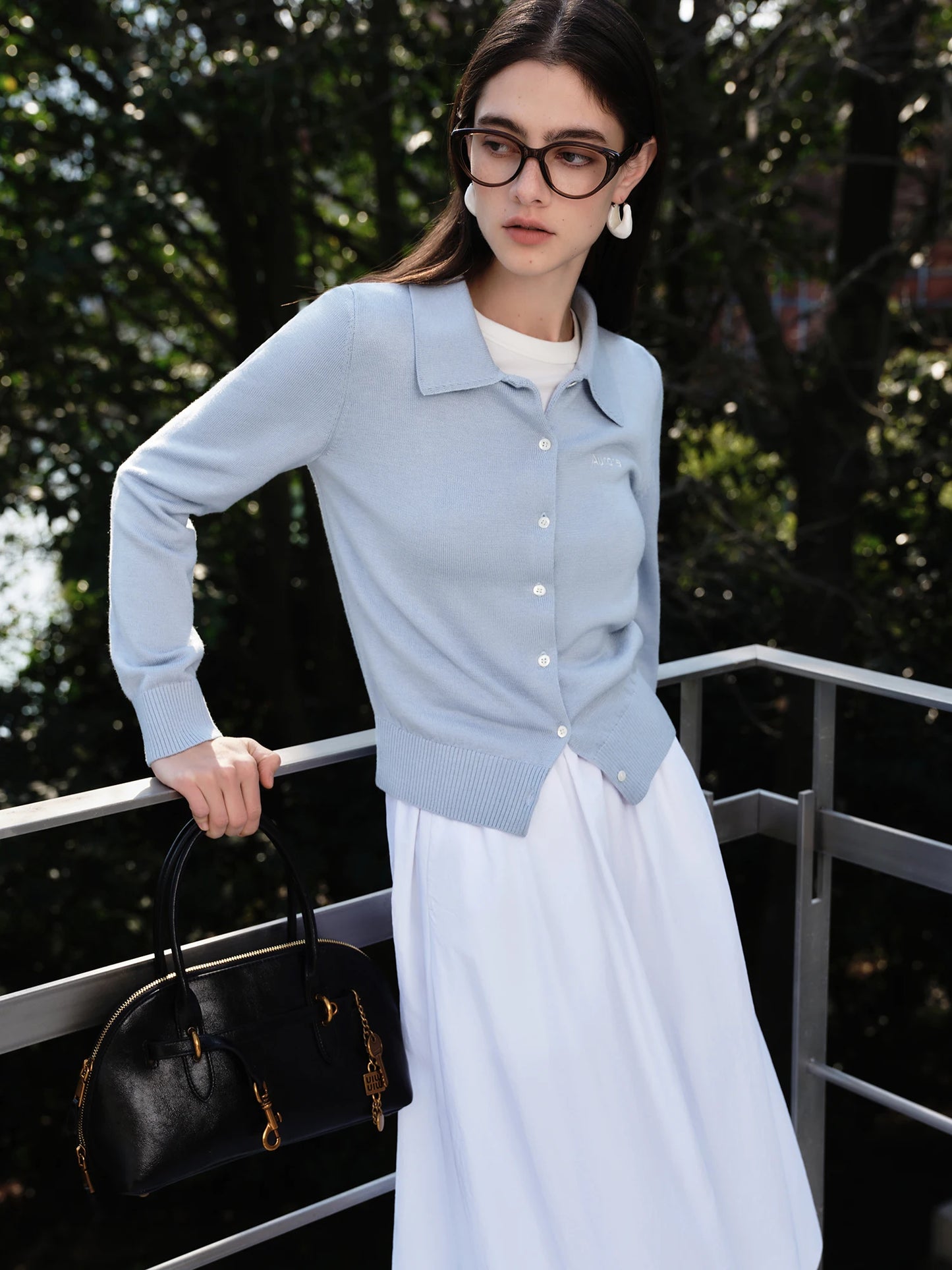 Blue Polo Collar Knit Cardigan