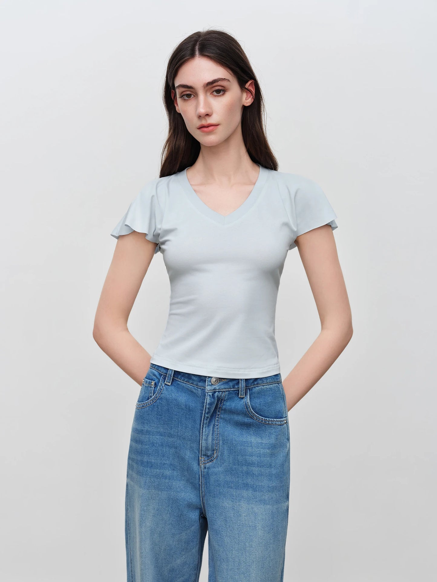 Pale Blue V-Neck Ruffle Tee