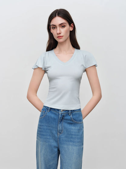Pale Blue V-Neck Ruffle Tee