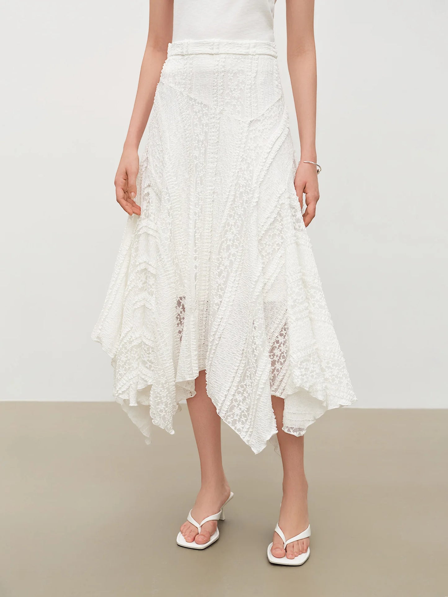 Lace Panel Asymmetric Midi Skirt
