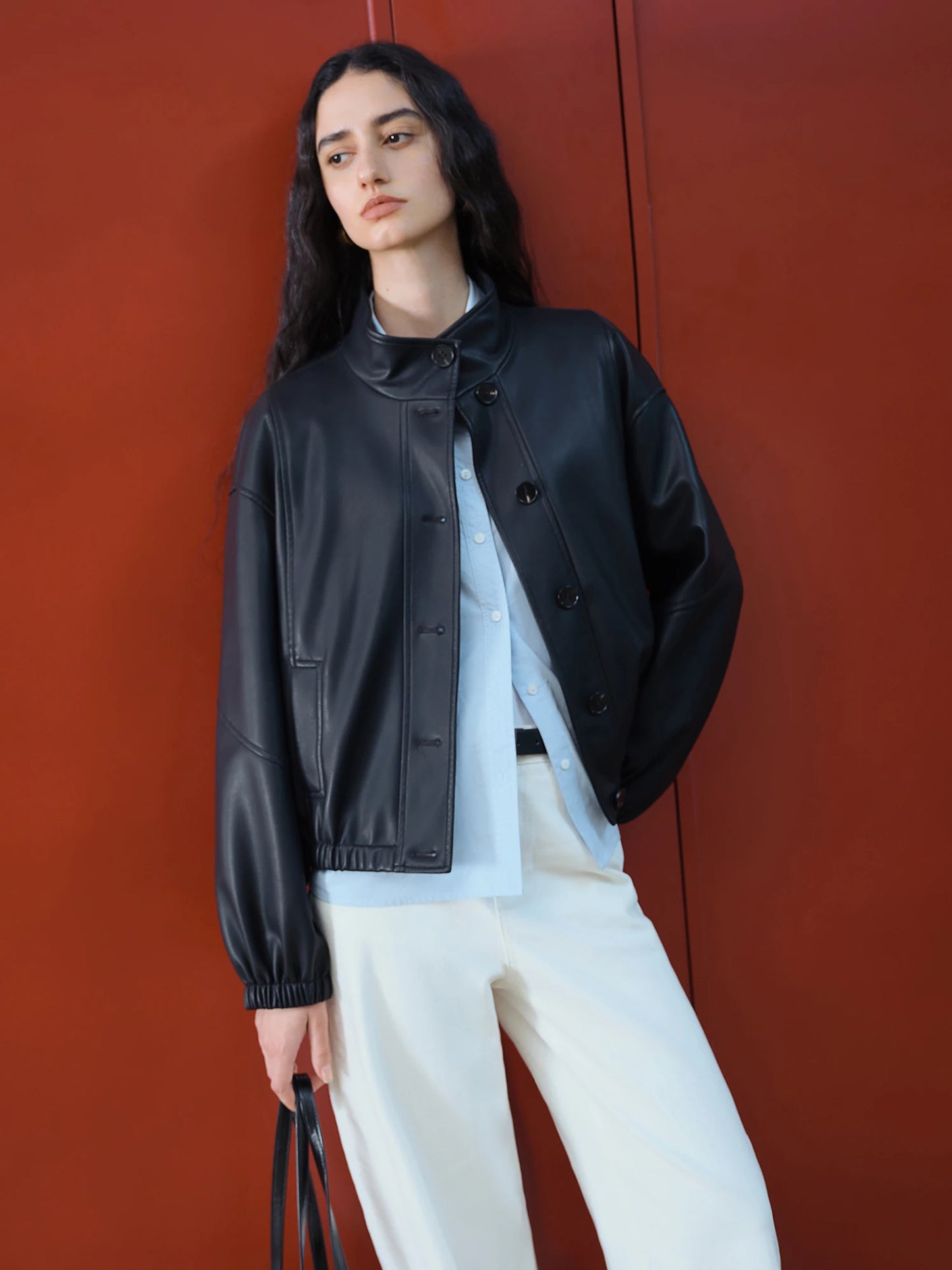Black Stand Collar Leather Jacket