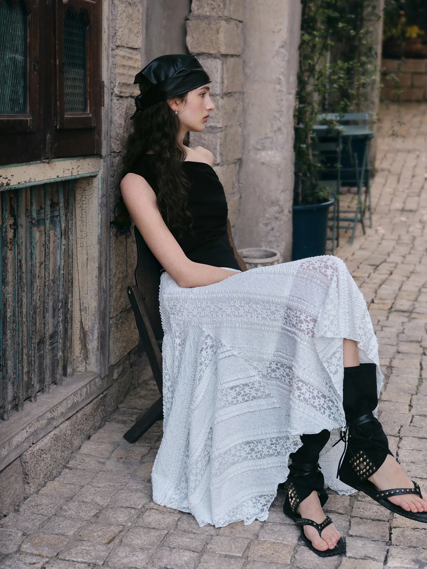 Lace Panel Asymmetric Midi Skirt
