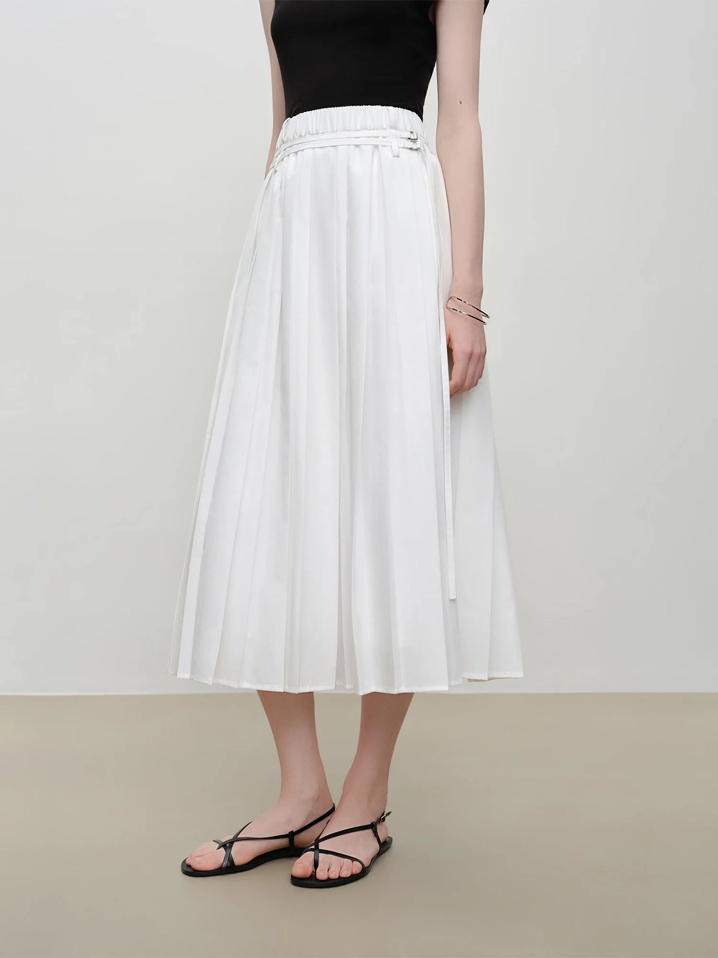 White Double Belt Pleated Midi Skirt