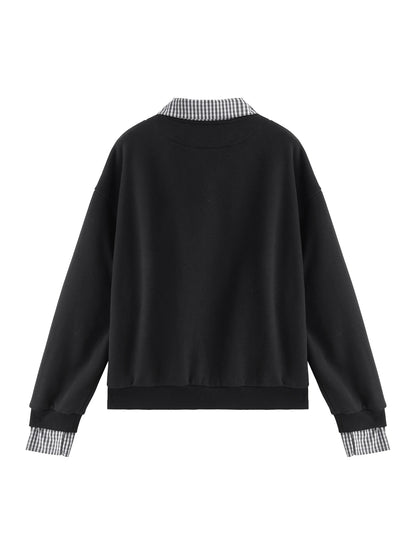 Black Plaid Collar Layered Sweatshirt