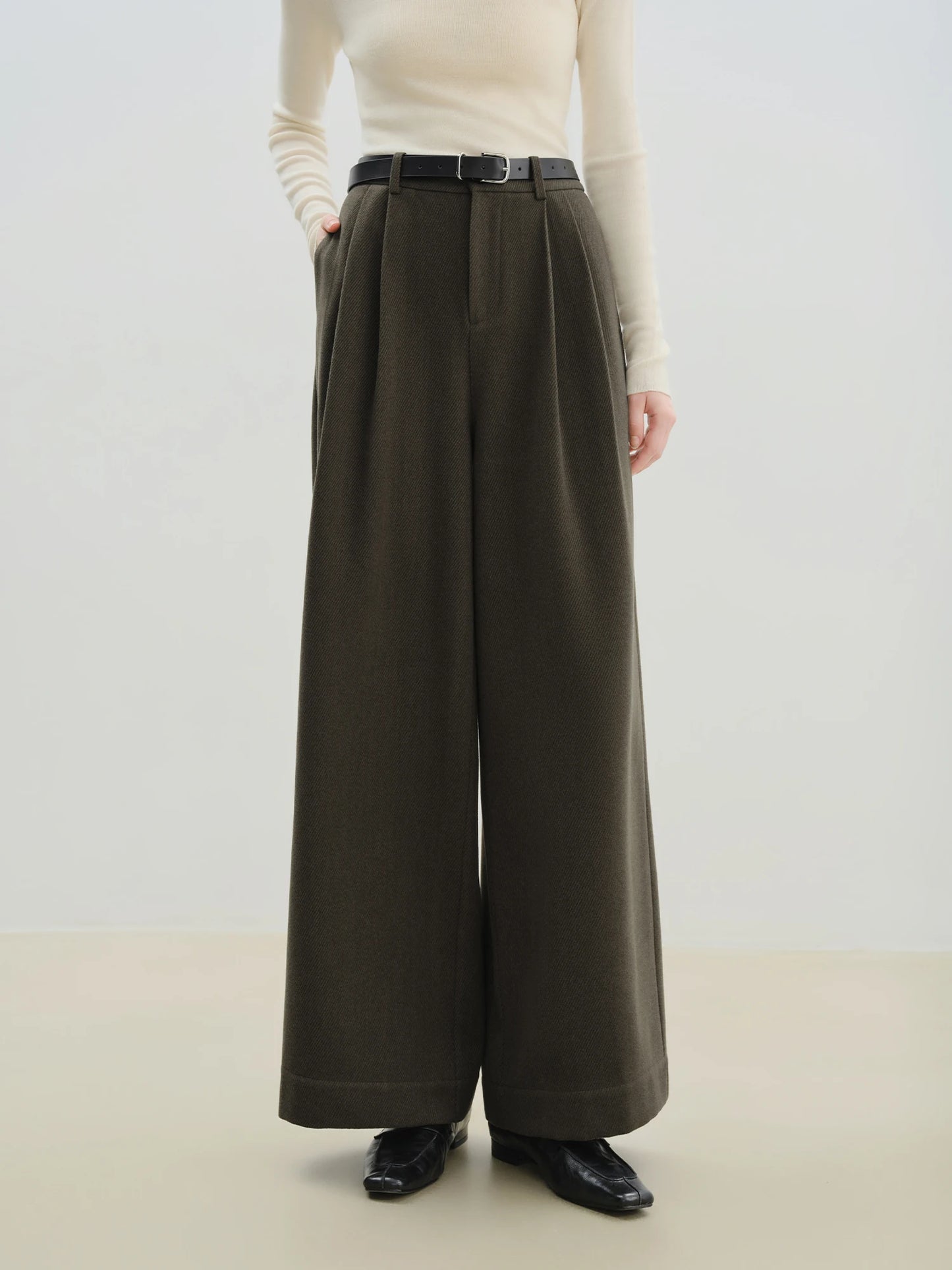 Olive Herringbone Pleated Wide Pants