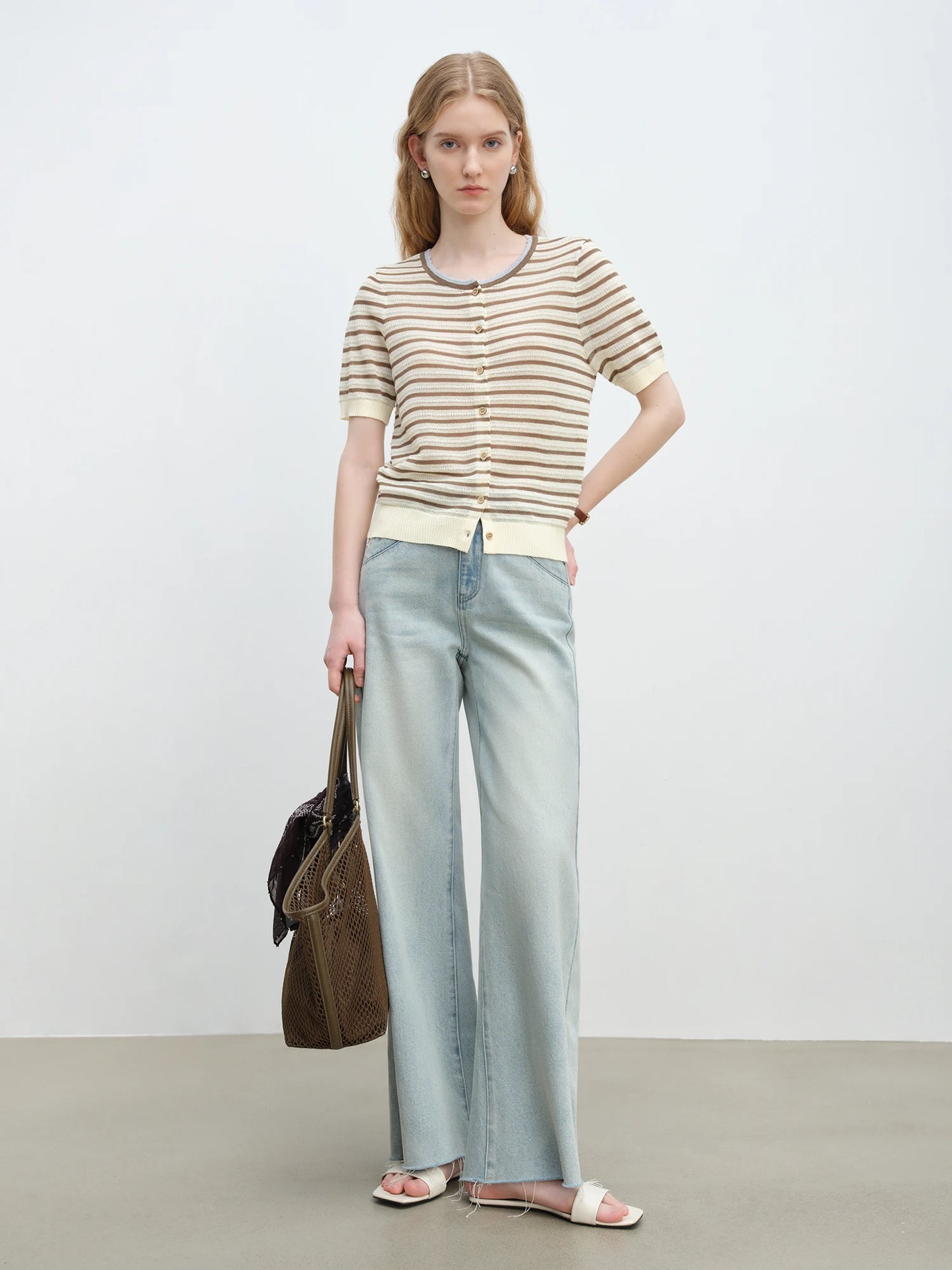 Brown Striped Short Sleeve Cardigan
