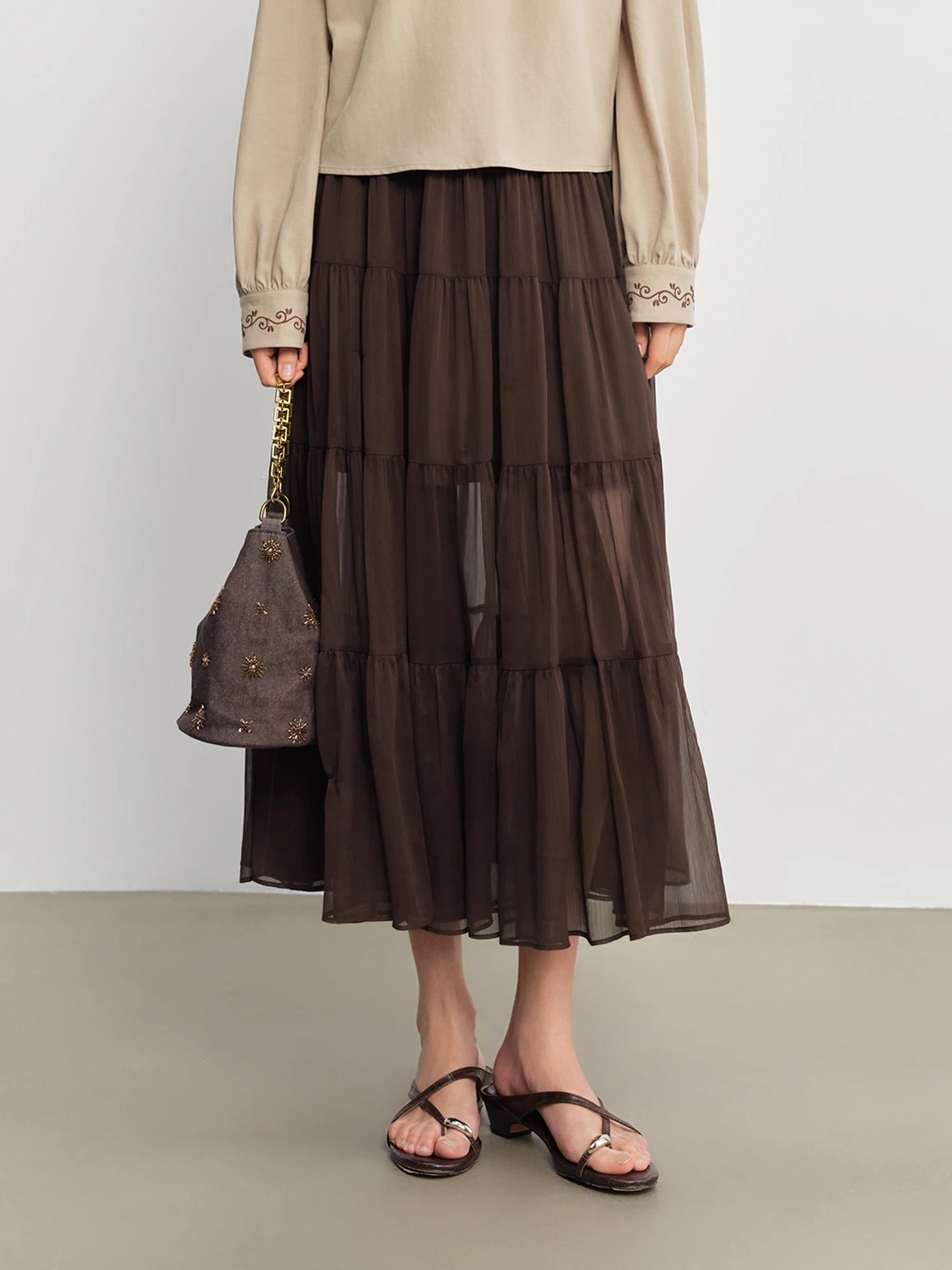 Textured Smocked Tiered Midi Skirt