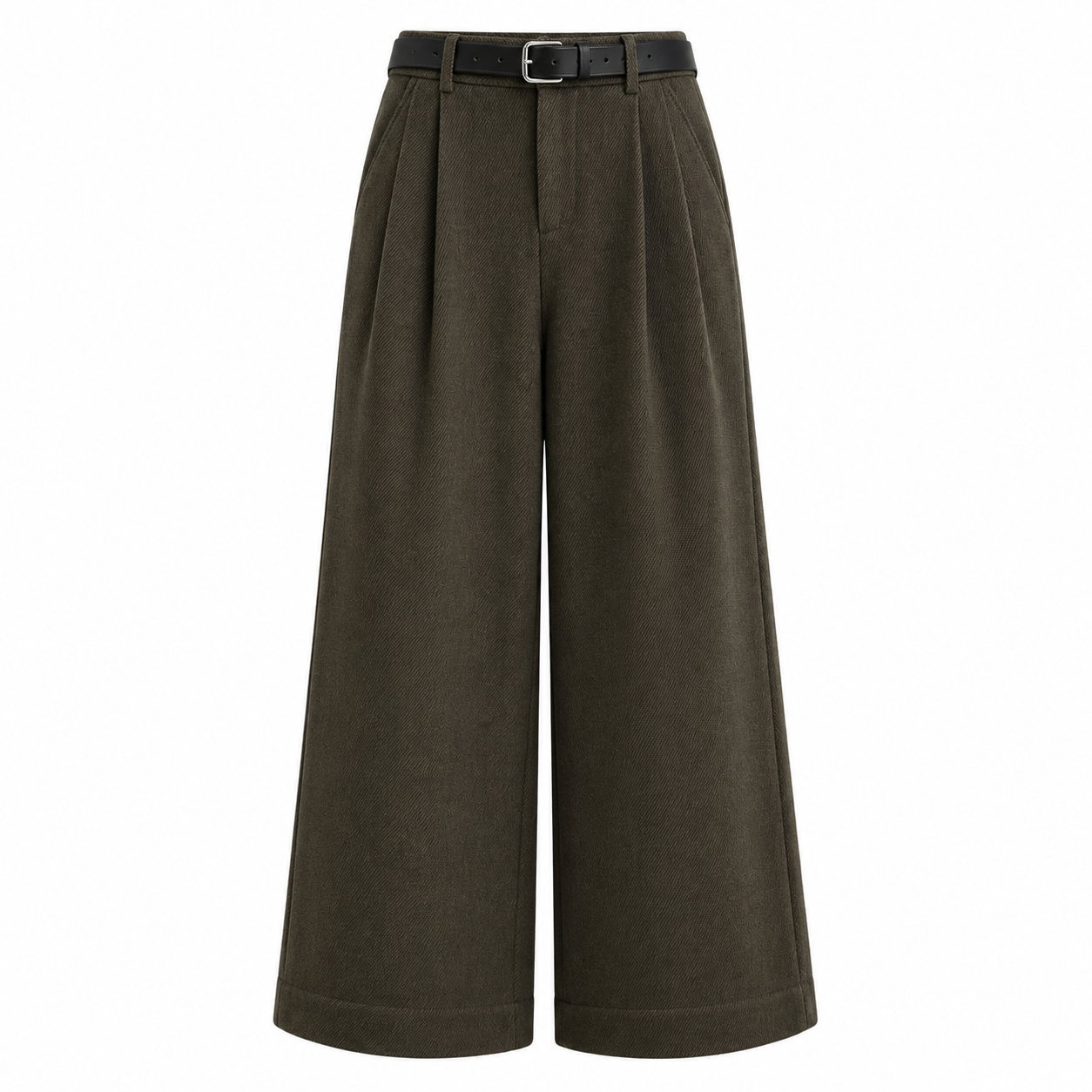 Olive Herringbone Pleated Wide Pants
